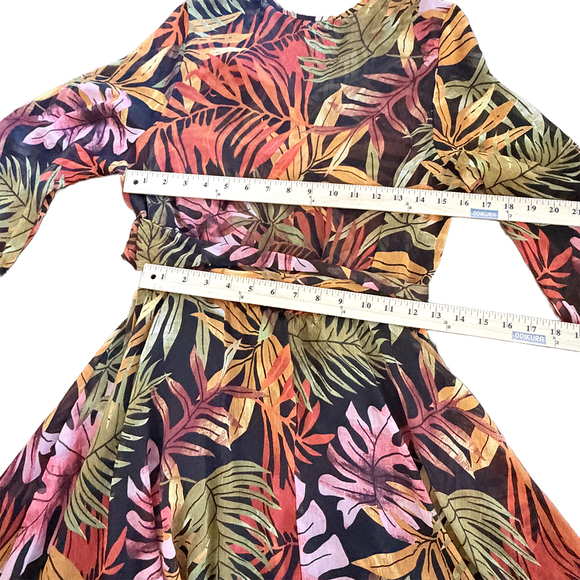 Sheer Tropical Leaf Print Long flutter Sleeve Wrap Maxi Dress autumn botanical - Picture 6 of 8